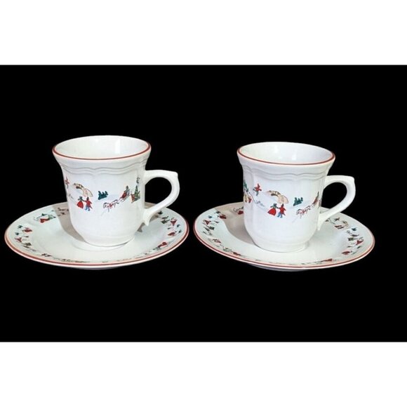 vintage Farberware White Christmas Snow Teacup And Saucer Coffee Mug set of 2 - Picture 1 of 9